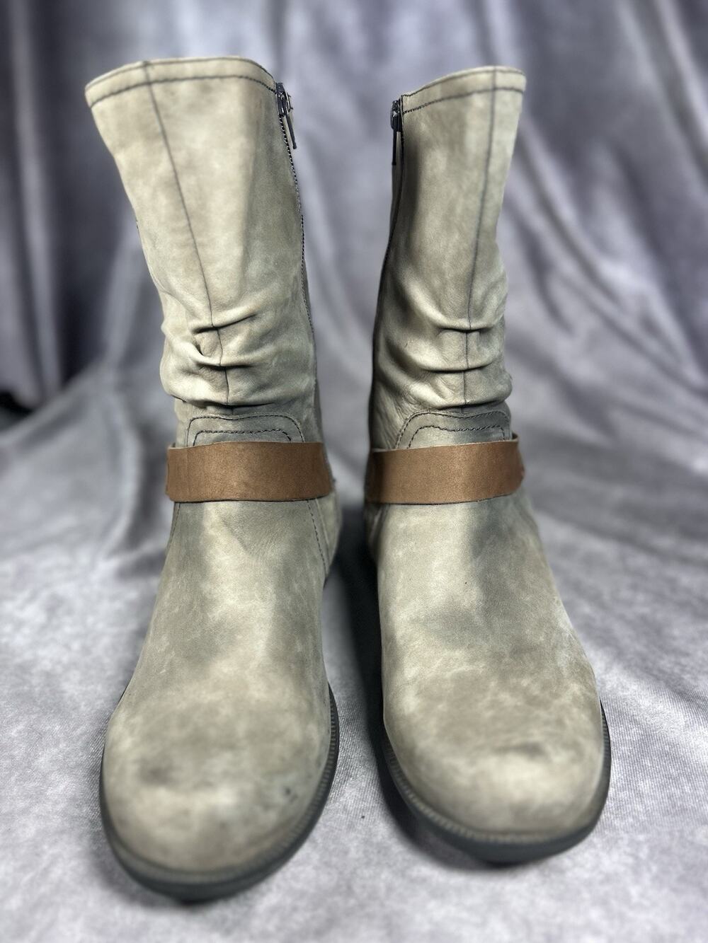 Rockport Women's Mid Calf Boots Size 11 Taupe Gray Brown Buckle Side Zip Comfort